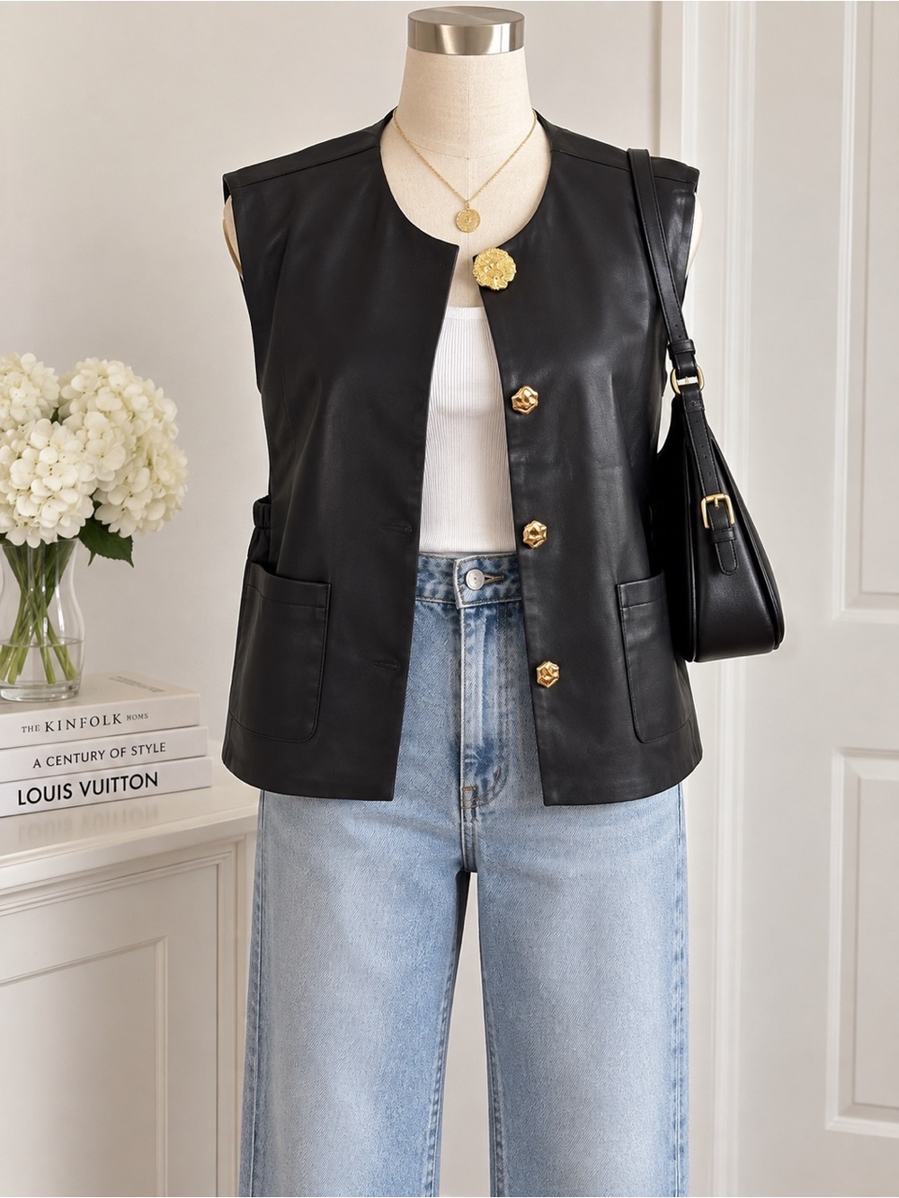 Black Genuine Leather Vest with Gold Buttons